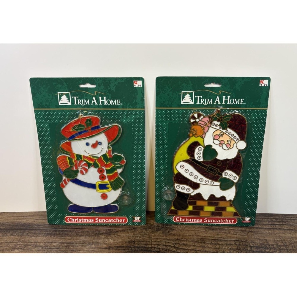 Vintage Santa Claus & Snowman Plastic Suncatcher Set Christmas KMart Sun Catcher